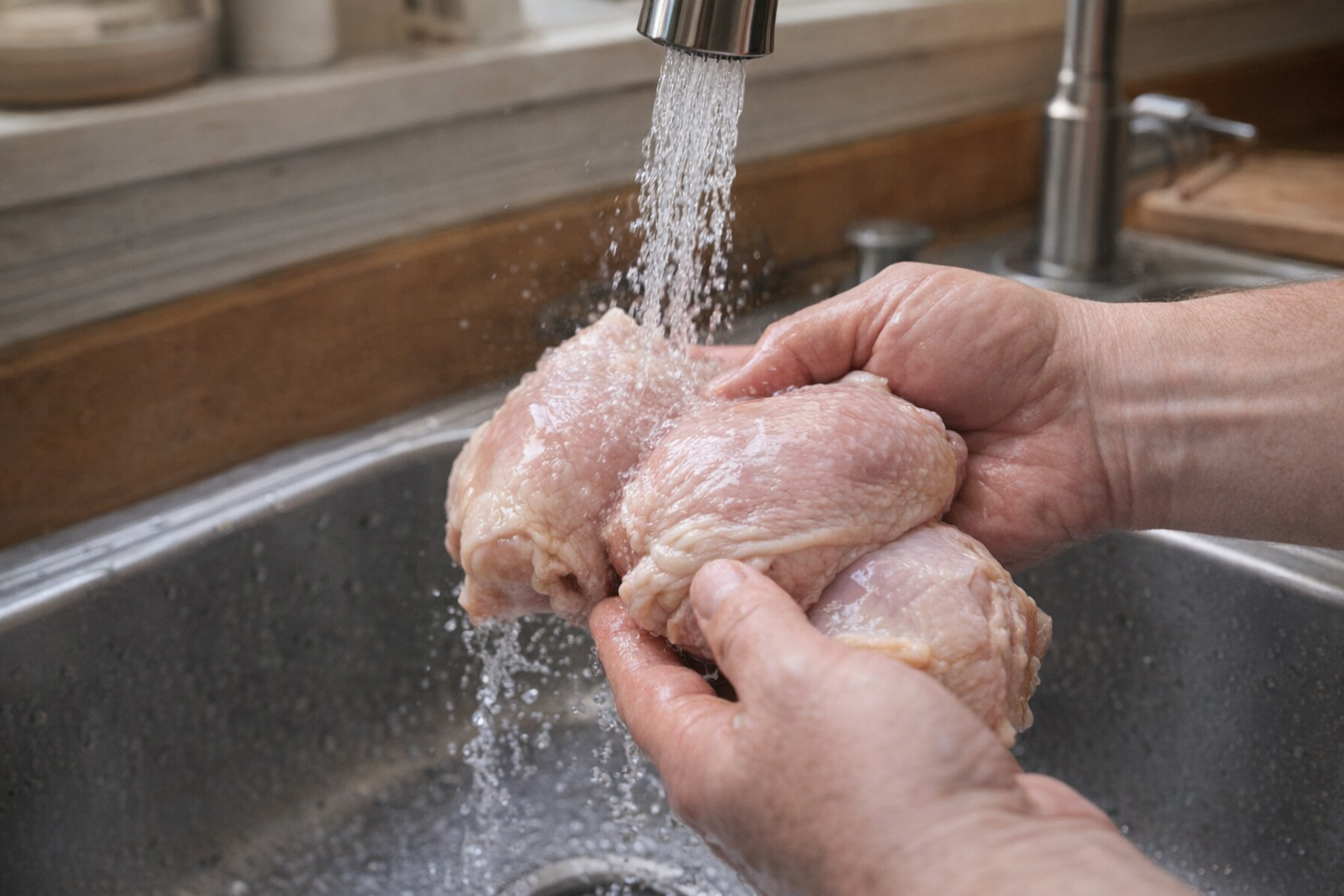 A close-up shot of raw chicken thighs being rinsed under cold, running water in a stainless steel sink. Bright, natural lighting